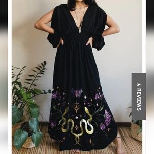 Cora Moon Green Snakes In Witchy Floral Forest Printed Hollow Sleeves Maxi Dress